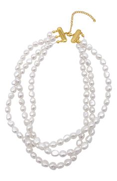 Instantly create an elegant layered look with this multistrand necklace featuring lustrous freshwater pearls. 13" length; 4" extender Pearl size: 6–7mm 14k-gold plate/freshwater pearl Imported Formal Multi-strand Pearl Necklace With Charm, Luxury Multi-strand Pearl Chain Necklace, Multi-strand Pearl Necklace With Pearl Charm, Multi-strand Pearl Drop Necklace, Multi-strand Pearl White Necklace With Pearl Pendant, Gold Multi-strand Pearl Necklace, Gold Multi-strand Pearl Charm Necklace, Multi Strand Necklace, Pearl Size