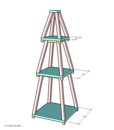 a three tiered shelf with measurements for the top and bottom shelves on each side