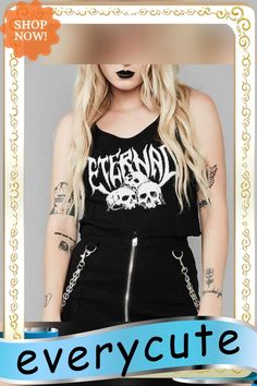 Sexy Punk Goth Crop Tops Women’s Summer Skull Print Vest Top Black White Fashion Round Neck Sleeveless Slim Tank Top Mujer Edgy Black Festival Vest, Edgy Black Vest For Festival, Black Emo Tops For Club, Edgy Sleeveless Vest For Festivals, Black Gothic Sleeveless Crop Top, Black Punk Crop Top For Cosplay, Black Sleeveless Emo Tank Top, Black Punk Crop Top For Halloween, Black Gothic Summer Vest