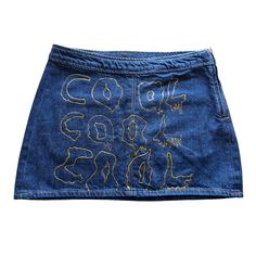 Add a bold, artistic touch to your wardrobe with this hand-embroidered denim mini skirt. Featuring two unique designs, it brings a playful twist to retro streetwear: "DANCE" embroidery - perfect for those who love to express themselves. "COOL" embroidery - for carefree, fashion-forward individuals. This skirt's A-line silhouette flatters all body types and offers both comfort and style. Made from high-quality denim, it's durable yet lightweight, making it a versatile piece for every season. Whether you're out dancing, attending a festival, or styling an everyday look, this skirt will make sure you stand out in every crowd. Details: Size: M - bust(in) 37.8 waist(in) 31.5 Material: Denim Length: Mini skirt Color: Dark blue with hand-embroidered yellow lettering Special Design: Each skirt is Dance Embroidery, Carefree Fashion, Cool Embroidery, Mini Rock, Creative Outfits, Denim Embroidery, Jean Mini Skirt, Retro Jeans, Retro Streetwear