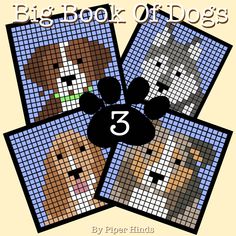 three pictures of dogs with the numbers 3 and 5 on them are shown in different colors