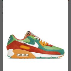 Nike Air Max 90se, Colorway-Roma Green/Sail/Orange/Mean Green Orange High-top Custom Sneakers With Air Max Cushioning, Custom Orange High-top Sneakers With Air Max Cushioning, Nike Custom Sneakers In Orange With Air Max Cushioning, Retro Orange Sneakers For Streetwear, Retro Orange Leather Sneakers, Running Club, Mean Green, Green And Orange, Air Max