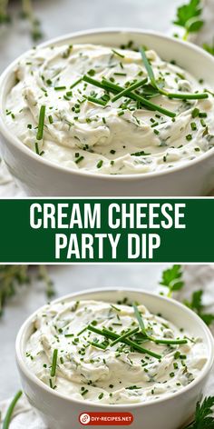 cream cheese party dip in a white bowl with green garnish on the side