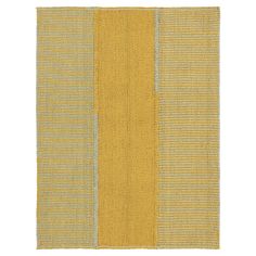 a yellow and blue rug on a white background with vertical stripes in the middle,