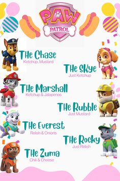 the poster for paw patrol is shown in pink and blue colors, with different characters on it