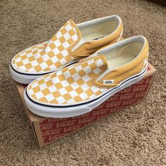 Vans | Almost New Classic Slip-On Checkered | Size: 5.0 Boys / 6.5 Women | Color: Mustard Yellow / White | Have Been In Box For Months + Used Only Once | In Excellent Condition Yellow Slip-on Sneakers For Spring, Tan Checkered Vans, Mustard Yellow Vans, Vans Yellow Low-top Sneakers, Vans Yellow Slip-on Sneakers, Yellow Vans Slip-on Sneakers, Vans Yellow, Women Sneakers, Shoes Vans