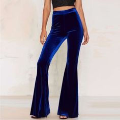 Nwt! Size M Blue Velvet Bell Bottom Pants. There Is Stretch But It Seems Like The Waist Would Fit A Normal Size Small. Measurements In Photos - Please Take A Look! 27” Inseam. Extreme Flare. Blue Velvet Pants, High Waisted Bell Bottoms, Velvet Bell Bottoms, Wide Leg Leggings, Bell Bottom Trousers, Velvet Flare Pants, Side Zip Pants, High Waisted Wide Leg Pants, Velvet Flares