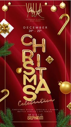 christmas flyer with gold lettering and ornaments