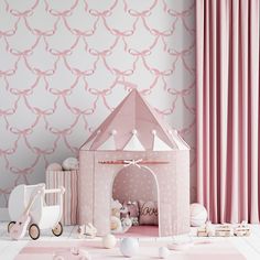 a child's room with pink and white wallpaper, wooden toys and decor