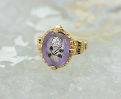 18K YG Amethyst Diamond and Victorian Inlaid Stone Ring Circa 1880 Size 7 Old Mine Cut Diamond, Greek Revival, Amethyst Gem, Purple Band, Ring Pictures, Fine Jewelry Designers, Yellow Gold Earring, Gold Coins, Earring Backs