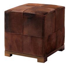 a brown leather cube ottoman with wooden legs