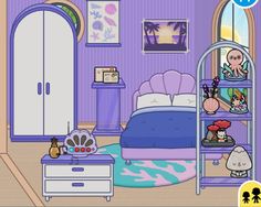 a cartoon bedroom with purple walls and furniture