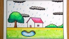 a drawing of a house in the rain with trees and clouds above it, on a wooden surface