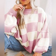 Beautiful Pink And White Spring Oversized Sweater Checkered Pattern Bishop Sleeves Knit Crew Neck 1 Small 1 Medium 1 Large 1 X-Large Pull Orange, Khaki Sweater, Pull Rose, Oversize Pullover, Plaid Sleeve, Puff Sleeve Sweater, Bishop Sleeve, Checkered Pattern, Casual Sweaters