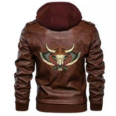 Viking A Yak Skull And Equipment Zipper Leather JacketMaterial: PU Leather Awaken your independence with this symbol of rugged modernity The soft jersey hood compliments the durable body of the jacket This premium jacket features a chest flap pocket with snap, zippered chest pockets, a symmetric zippered closure, and an inner quilted viscose lining Our premium crafted products are renowned for their signature durability and ability to look good over time. Hooded Leather Jacket For Outdoor Fall, Brown Hooded Leather Jacket For Outdoor, Outdoor Leather Jacket With Detachable Hood, Biker Outerwear With Double-lined Hood And Long Sleeves, Hooded Leather Jacket For Outdoor, Winter Biker Hooded Jacket With Pockets, Biker Style Outerwear With Double-lined Hood For Outdoor, Biker Style Outerwear With Double-lined Hood, Casual Hooded Biker Jacket For Outdoor