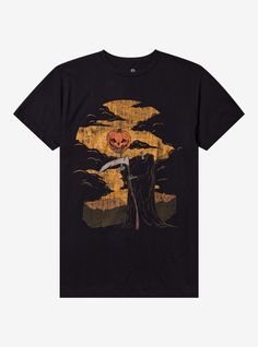 Boo! Bring some classic Halloween spirits to your wardrobe with this tee. Featuring a haunting full moon  black clouds and a grim reaper with a skeleton body and a detached pumpkin head. Comes on a faded print for a vintage look.Officially licensed art by Goodie Two Sleeves.100% cottonWash cold; dry lowImportedListed in men'sunisex sizes Halloween T-shirt With Skull Front Print, Halloween Horror Skull Print T-shirt, Skeleton Reaper, Skeleton Body, Pumpkin Skeleton, Halloween Tee Shirts, Moon Black, Classic Halloween, Black Clouds