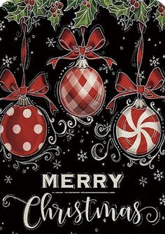 a merry christmas card with ornaments and bows