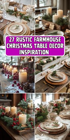 rustic farmhouse christmas table decor with candles and greenery