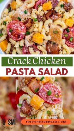 a bowl with easy crack chicken pasta salad