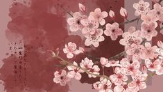 a painting of pink flowers on a red and white background with chinese characters in the bottom right corner