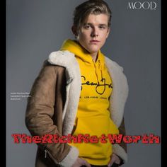 a young man in a yellow hoodie is posing for the cover of mood magazine