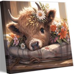 a painting of a cow with flowers on it's head resting on a pillow