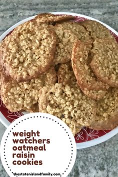 oatmeal raisin cookies on a plate with the words weight watchers'oatmeal raisin cookies