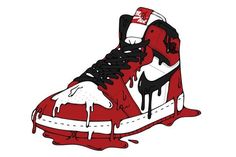 a drawing of a red and white sneaker with dripping paint on the upper part