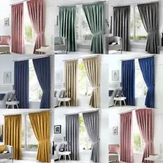 the curtains are all different colors and sizes