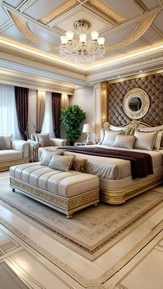 a luxurious bedroom with white and gold decor