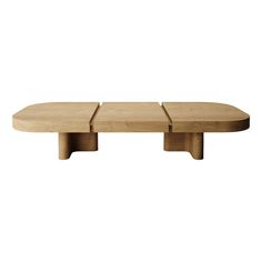 an oval wooden table with two legs on each side and one leg raised up to the top