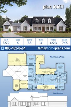 the floor plan for this house is shown in blue and white, with two levels to each