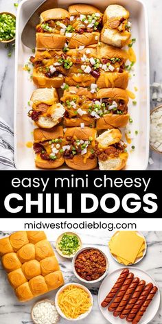 easy mini cheesy chili dogs with cheese and other toppings on the side