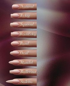 Bailarina Nail Shape, Nails Design Names, Name Of Nail Shapes, Nail Shapes And Names, Flair Nails Shape, Fake Nails Inspiration, Nail Ideas Extensions, Nails Sizes Shape Chart, Nails Sizes Shape