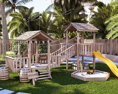 children's play area with slide, climbing frame and wooden benches in the grass