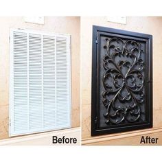 the before and after pictures of an iron screen door with shutters on each side