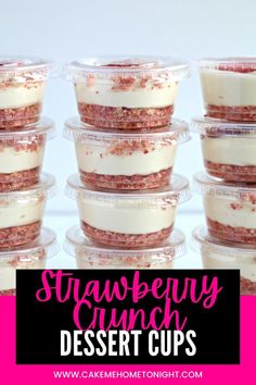 strawberry crunch dessert cups with white frosting and pink sprinkles on top