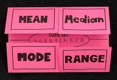 four pink stickers with the words mean, median, mode and range on them