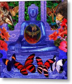 a buddha statue surrounded by butterflies and other things in the background, with flowers around it