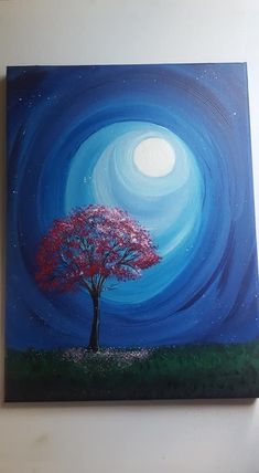 an acrylic painting of a red tree in the night sky with a full moon