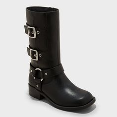 Your child will be ready take on cooler-weather days in style with these Dee Tall Buckle Boots from art class™. Made from faux leather, these black boots are elevated by a harness strap accented with a silver-tone ring along with matching buckles and grommets running down the side. Set on a 1.25-inch block heel with a textured TPR outsole, these mid-calf boots are finished with a side zipper fastening for a snug, secure fit. art class™: One-of-a-kind looks for the one and only you. Black Moto Boots With Buckle For Outdoor, Black Moto Boots With Buckle Closure For Outdoor, Casual Moto Boots With Buckle Closure In Faux Leather, Casual Faux Leather Moto Boots With Buckle Closure, Faux Leather Boots, Rubber Boot, Black 13, Buckle Boots, Cooler Weather