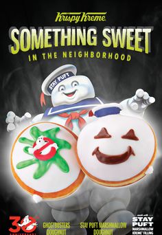 an advertisement for krispy kreme's something sweet in the neighborhood, featuring two cookies