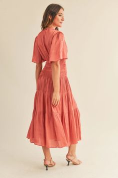 Satin Maxi Dress Flowy Sleeves V-shape Neckline Ruffled Skirt Sinched Elastic Waist Material: 100% Polyester Handwash Cold. Hang to Dry. Coral Dress Outfit, Dress Flowy Sleeves, Maxi Dress Flowy, Peach Clothes, Salmon Dress, Coral Outfit, Pink Chiffon Dress, True Spring, Orange Outfit