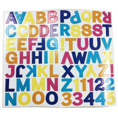 an alphabet sticker is shown with letters and numbers in different colors on white background