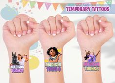 three temporary tattoos with the characters of disney's princess and pooh on them