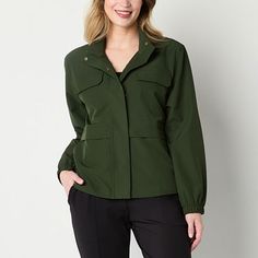 This Xersion women's lightweight anorak is a sleek sporty style to add to your workout repertoire. Made from a woven blend, this short jacket has a minimal utilitarian aesthetic with a concealed snap-zip closure, multiple pockets and elasticated cuff sleeves. Closure Type: Snap & ZipperFit: Regular FitNeckline: Mock NeckPockets: 2 Chest Slip Pockets, 2 Front Flap Pockets, 2 Chest Flap PocketsSleeve Length: Long SleeveWarmth Factor: LightweightOuterwear Length: ShortFiber Content: 92% Polyester, Utilitarian Aesthetic, Green Jacket Women, Short Jacket, Green Jacket, Sporty Style, Cuff Sleeves, Flap Pocket, Coats Jackets, Sleek