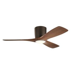 a ceiling fan that is brown and has wooden blades on it, with a light at the top