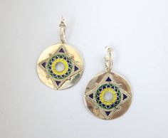 Show-stopping earrings with a dangling enamel disc on small open hoop - Lai Silver Hoop Enamel Jewelry, Silver Enamel Hoop Jewelry, Nickel-free Enamel Round Hoop Earrings, Hand Painted Round Jewelry For Festivals, Open Hoop Earrings, Jaipur India, Jaipur, Fair Trade, Crochet Earrings