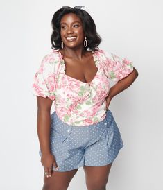 Plus Size Ivory Floral Truth Be Told Viviana Crop Top - Unique Vintage - Womens, TOPS, WOVEN TOPS Summer Crop Top With Smocked Back And Short Sleeves, Summer Short Sleeve Crop Top With Smocked Bodice, Spring Crop Top With Smocked Bodice And Short Sleeves, Pink Smocked Bodice Crop Top For Summer, Spring Pink Smocked Bodice Crop Top, Pink Square Neck Crop Top For Summer, Pink Bohemian Top With Puff Sleeves, Pink Short Sleeve Retro Print Tops, Feminine Short Sleeve Floral Print Crop Top