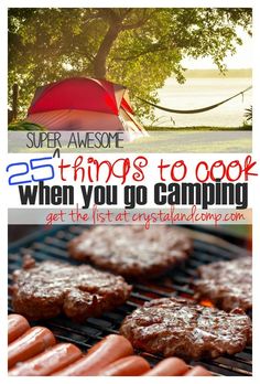 an advertisement for camping with hamburgers and hotdogs on the bbq grill